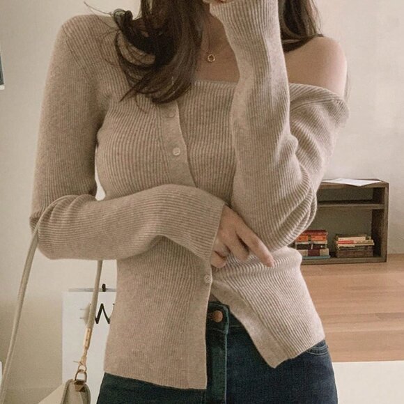 Mocha Brown Casual Womens Solid Asymmetrical Neck Button Through Ribbed Knit Ca… - Picture 3 of 5